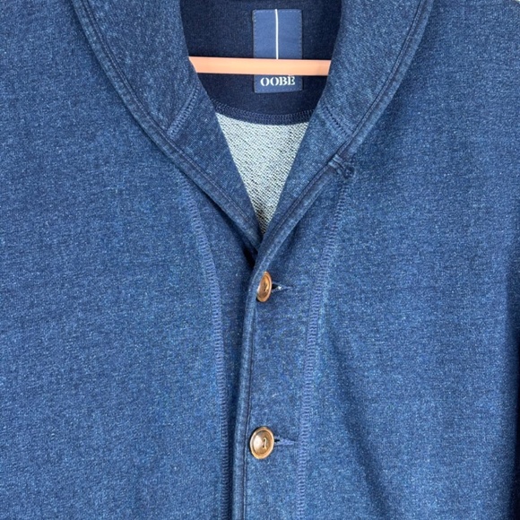 OOBE Shawl Collar Cardigan Sweater S Elbow Patch Indigo Academia Made in Canada - Picture 2 of 11